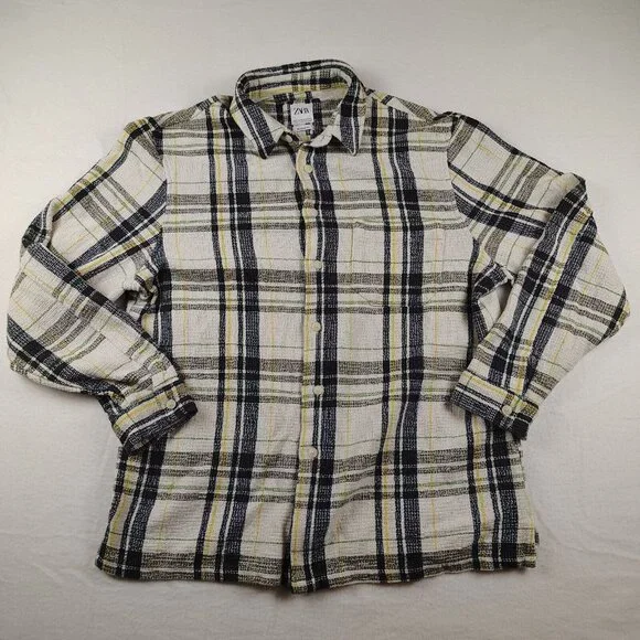 Zara Mens White Plaid Button Up Long Sleeve Woven Relaxed Fit Sz XL - Picture 1 of 9